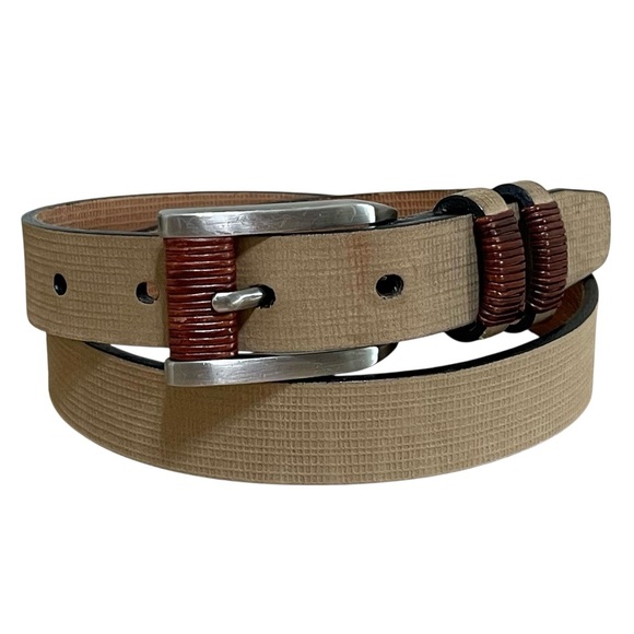 Tommy Bahama Beige Leather Belt Brown Trim Made in Spain Neutral Office Size S - Picture 2 of 9